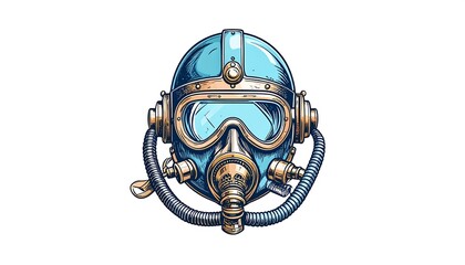 An illustration of a vintage diving helmet with intricate details, featuring a round glass faceplate, brass accents, and a breathing tube