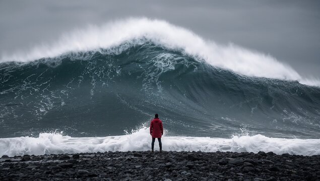 Lone figure facing an enormous ocean wave on a rocky shore