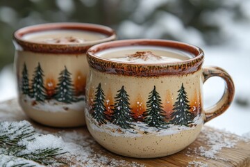mugs adorned with Christmas trees sit side by side.