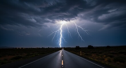 Lightning strikes over a long empty road under a dramatic cloudy sky