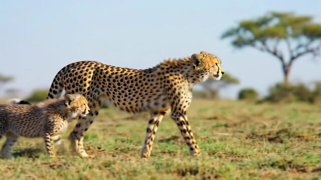 A low-angle Steadicam tracking video follows a protective adult female cheetah and two small cubs walking cautiously across a sun-drenched African savanna. Tender family dynamic