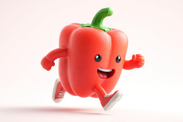 Cute Anthropomorphic Red Bell Pepper Character Running Playfully with Happy Facial Expression and Cartoon Style on White Background