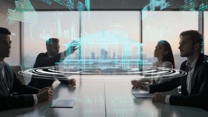 Business Team in Office Meeting with Holographic Digital Data Projection against Cityscape Background - Powered by Adobe