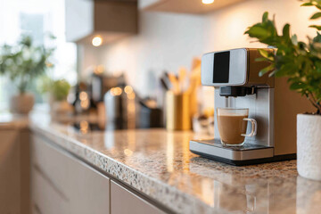 Modern coffee machine brewing coffee in kitchen