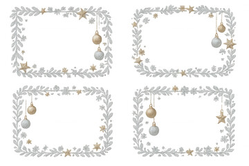 Christmas silver border frames with gold ornaments, stars, and sparkling snowflakes on transparent background