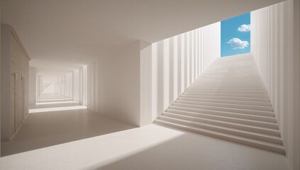 Obraz premium Abstract white staircase leading towards a bright blue sky opening