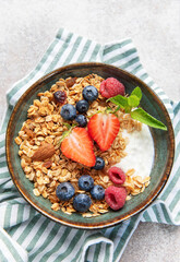 Granola bowl with yogurt, berries, and mint