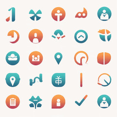 Diverse collection of modern abstract icons representing various concepts such as navigation, people, and achievements, set against a soft, gradient background