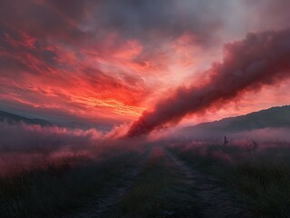 Obraz premium Spectacular crimson twilight over rural landscape with atmospheric mist trails