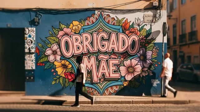 Vibrant Obrigado Mae Graffiti Art on a City Wall in Lisbon