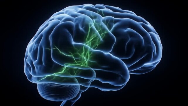 Animated human brain model with electrical activity displayed