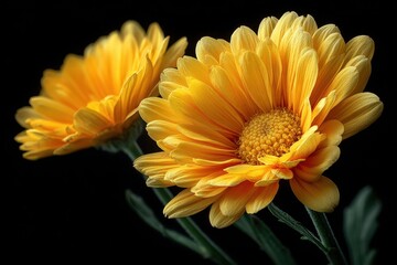 Fototapeta premium Beautiful yellow Gerbera daisy flower with petals and green stem on a black background, showcased in vibrant detail against a stark, contrasting backdrop