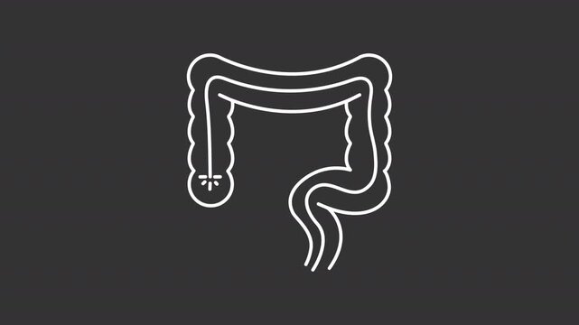 Animated colonoscopy white line icon. Examine inside of large intestine and rectum animation. Medical procedure and equipment. Isolated element on dark background. Alpha transparent video