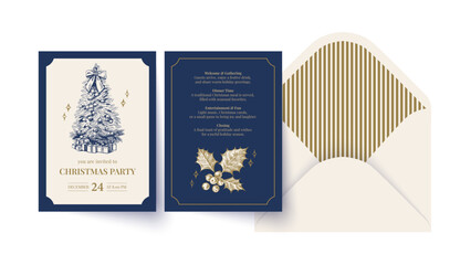 Christmas hand drawn holiday card and envelope. Elegant vintage design. Vector sketch illustration.
