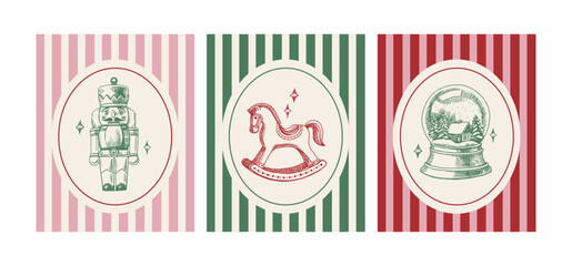 Christmas poster set with hand drawn holiday Nutcracker, snow ball and toy rocking horse. Festive mood, elegant vintage style. Vector sketch illustration.