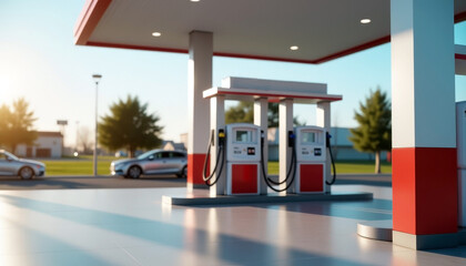 Modern gas station with red and white fuel pumps under canopy roof, cars parked nearby, bright daylight scene with clean asphalt and clear blue sky.