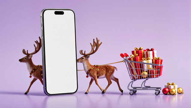 Reindeer figurine with trolley full of Christmas gifts placed beside smartphone mockup screen.