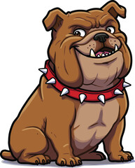 Cartoon bulldog character with red spiked collar, strong muscular body, sitting pose, fierce face expression, funny pet mascot illustration design.