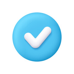 White check mark on blue circle button. Done mark, yes or correct sign. Approval, success and confirmation concept. 3d vector icon. Cartoon minimal style.