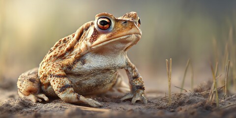 A frog is sitting in the grass .