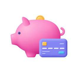 Piggy bank with a gold coin with purple credit card. Money saving, banking, finance, digital payment, financial management concept. 3d vector icon. Cartoon minimal style.