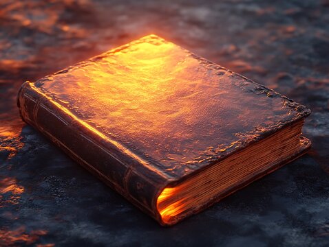 Ancient illuminated tome resting on weathered stone surface evokes mystery