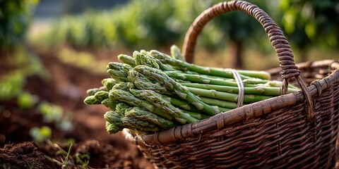 A basket full of asparagus is sitting on the ground