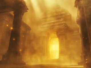 Mystical Ancient Temple Ruins bathed in Golden Light and Heavy Atmosphere