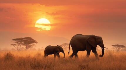 Fototapeta premium An adult African elephant with its baby elephant on the savannah under the setting sun at sunset.