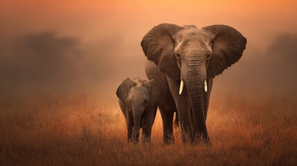 Obraz premium An adult African elephant with its baby elephant on the savannah under the setting sun at sunset.