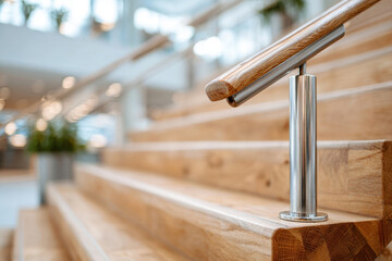 Close-up of modern wooden staircase railing