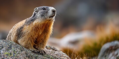 The marmot has a furry coat and he is looking up at the camera