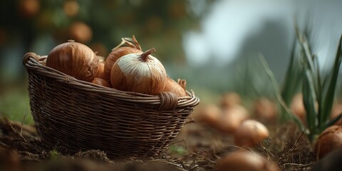 A basket full of onions is sitting on the ground in a field.