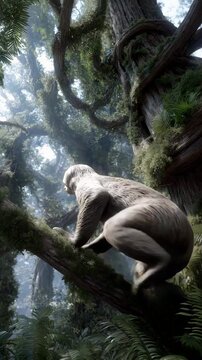 Wide-angle shot of sloth hanging effortlessly from moss-covered tree branch in thriving rainforest, lush ferns, twisted vines, towering trees, sunlight piercing dense canopy, floating dust particles