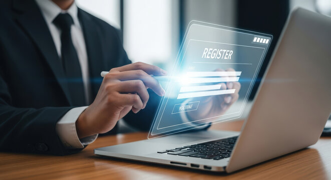 Online Registration Concept Businessman Completing Digital Form on Laptop Representing Account Creation and Access to Services in a Modern Office Setting