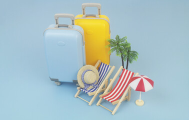 Blue and red beach chairs with hat, umbrella, suitcases and palm tree on blue background. Copy space for text. Travel and vacation concept.