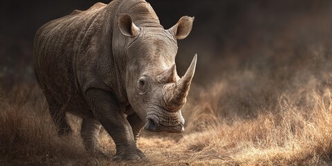 A rhino is walking through a field of tall grass