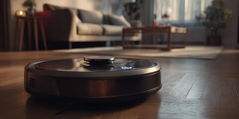 A robot vacuum cleaner is on the floor in a living room