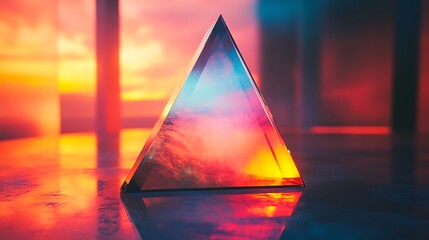 Abstract Crystal Pyramid Reflecting Vibrant Sunset Colors in an Interior Space