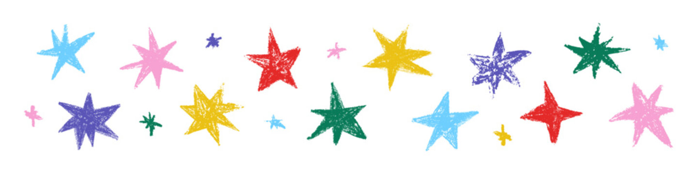 Color stars set with chalk, charcoal texture. Naive hand drawn scribble crayons stars. Doodle grunge design elements kids vector illustration isolated on transparent background