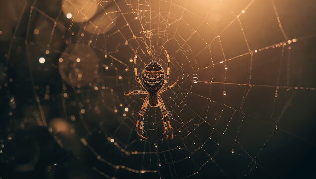 A golden orb weaver spider rests at the center of its web
