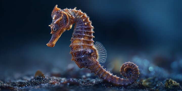 A close up of a sea horse with a red and white striped body