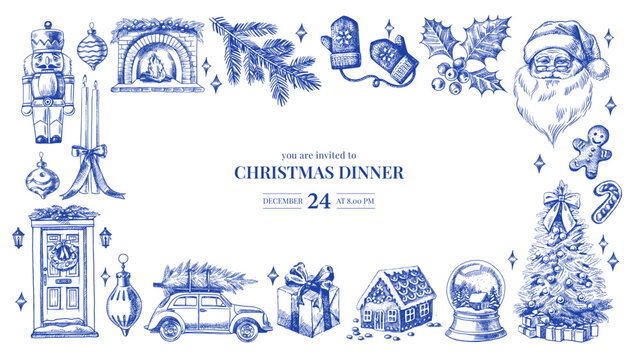 Christmas invitation card with hand drawn holiday elements. Festive mood, elegant vintage style frame design. Vector sketch illustration.