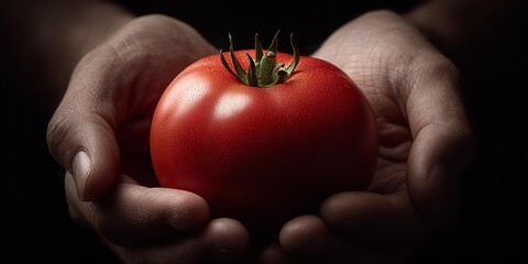 Red tomatoes in the human hands closeup
