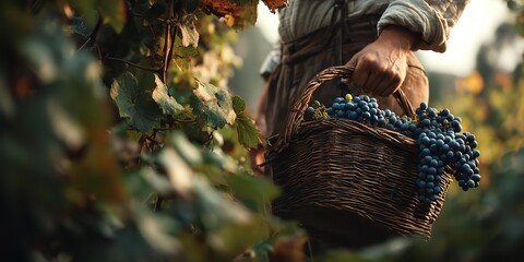 A man is walking through a vineyard with a basket full of grapes.