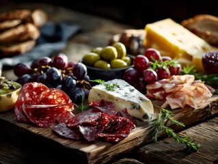 Appetizer platter featuring cheese, salami, prosciutto, grapes