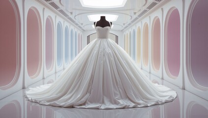 Elegant white wedding dress displayed in a pastel arched corridor