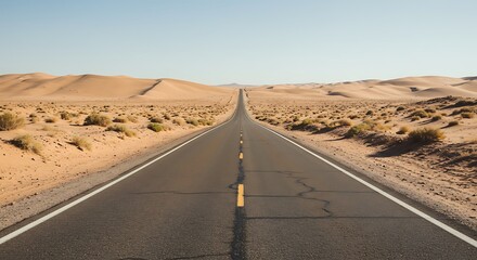 Long asphalt road through desert landscape under a clear blue sky