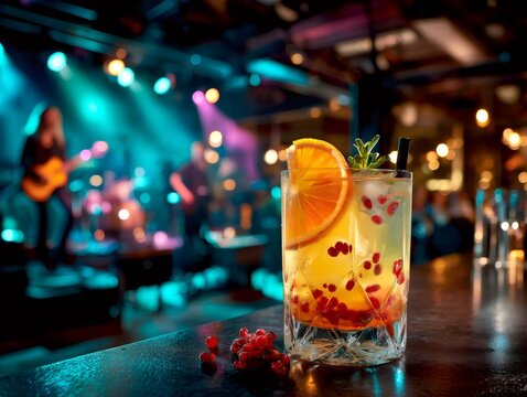 Refreshing cocktail on bar counter during live music concert