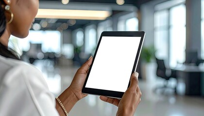 African American Woman Holding Digital Tablet with White Screen in Bright Modern Office Space for Display Mockup